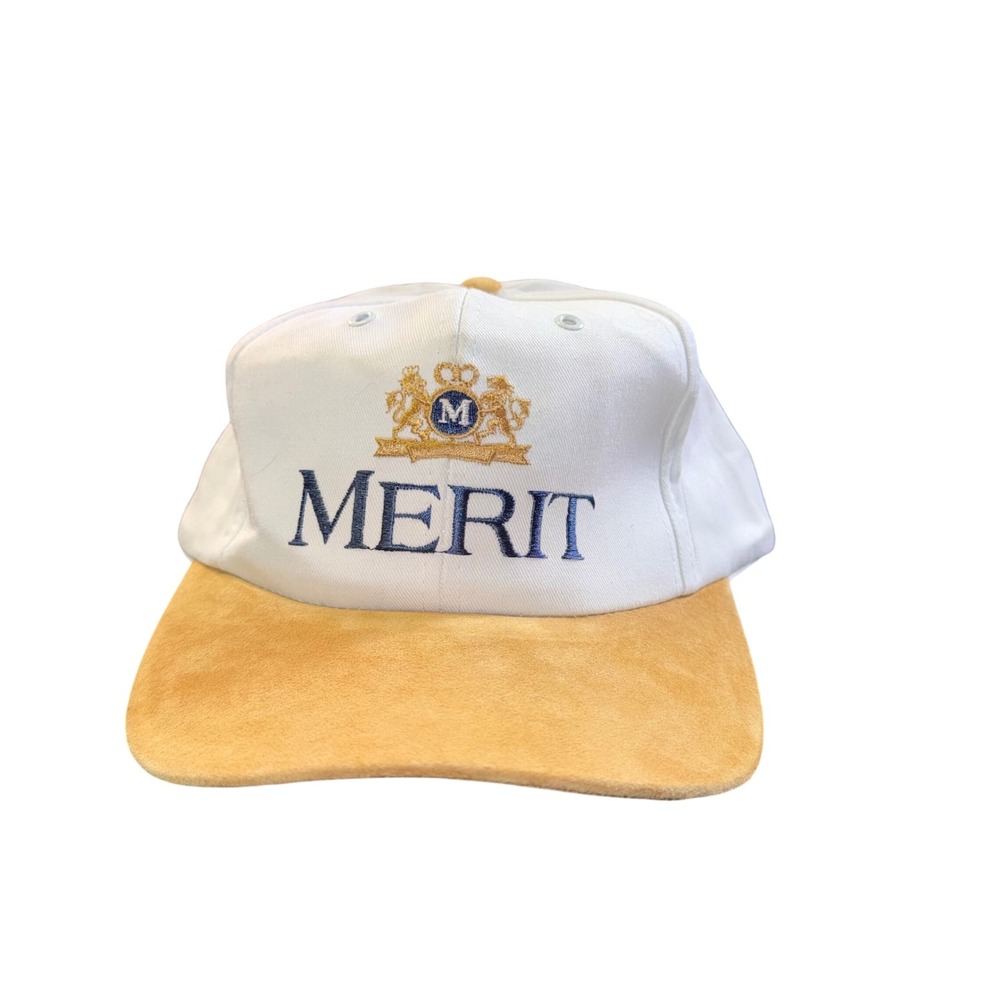 Vintage 90s Merit Cigarette Logo Embroidered Snapback Hat Suede Pigskin Brim